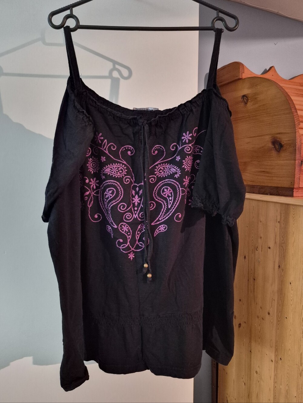 Penningtons Plus Boho Paisley Graphic Peasant Blouse Size 1X 100% Cotton